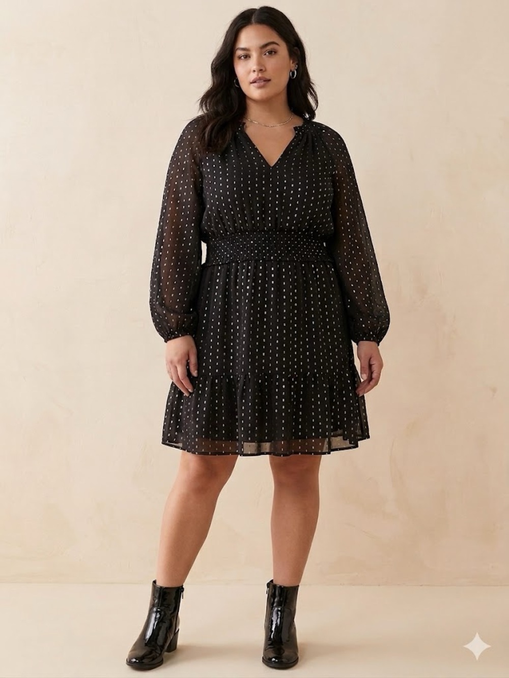 Old Navy Black Polka Dot Long-Sleeve V-Neck Smocked Waist Dress